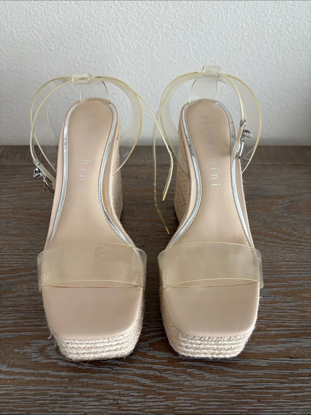 Gianni Bini Clear Strap Nude Espadrille Wedge Sandals
